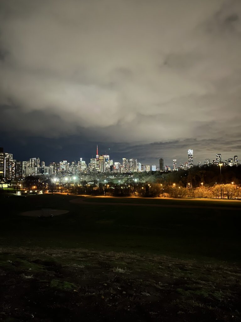 Picture of downtown Toronto skyline at night taken from the hill at Riverdale Park East.